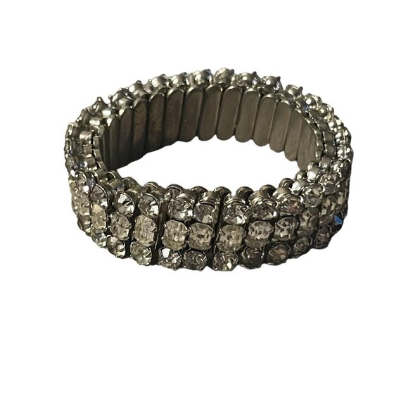 Icy Clear Rhinestone 3 Row Stretch Bangle Bracelet Silver Tone VTG Wedding Prom - Picture 2 of 12
